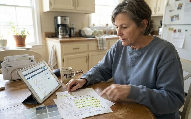 A person comparing several painter business profiles side by side on a laptop screen in a home office setting