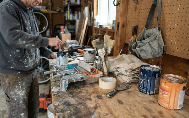 A close-up of paint cans, brushes, and rollers arranged on a drop cloth before an interior painting job begins